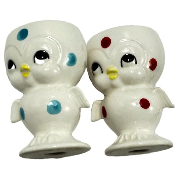 Chick Anthropomorphic Bird Egg Cup Polka Dot Lot 2 White Blue Red Vintage 60s - Picture 2 of 10